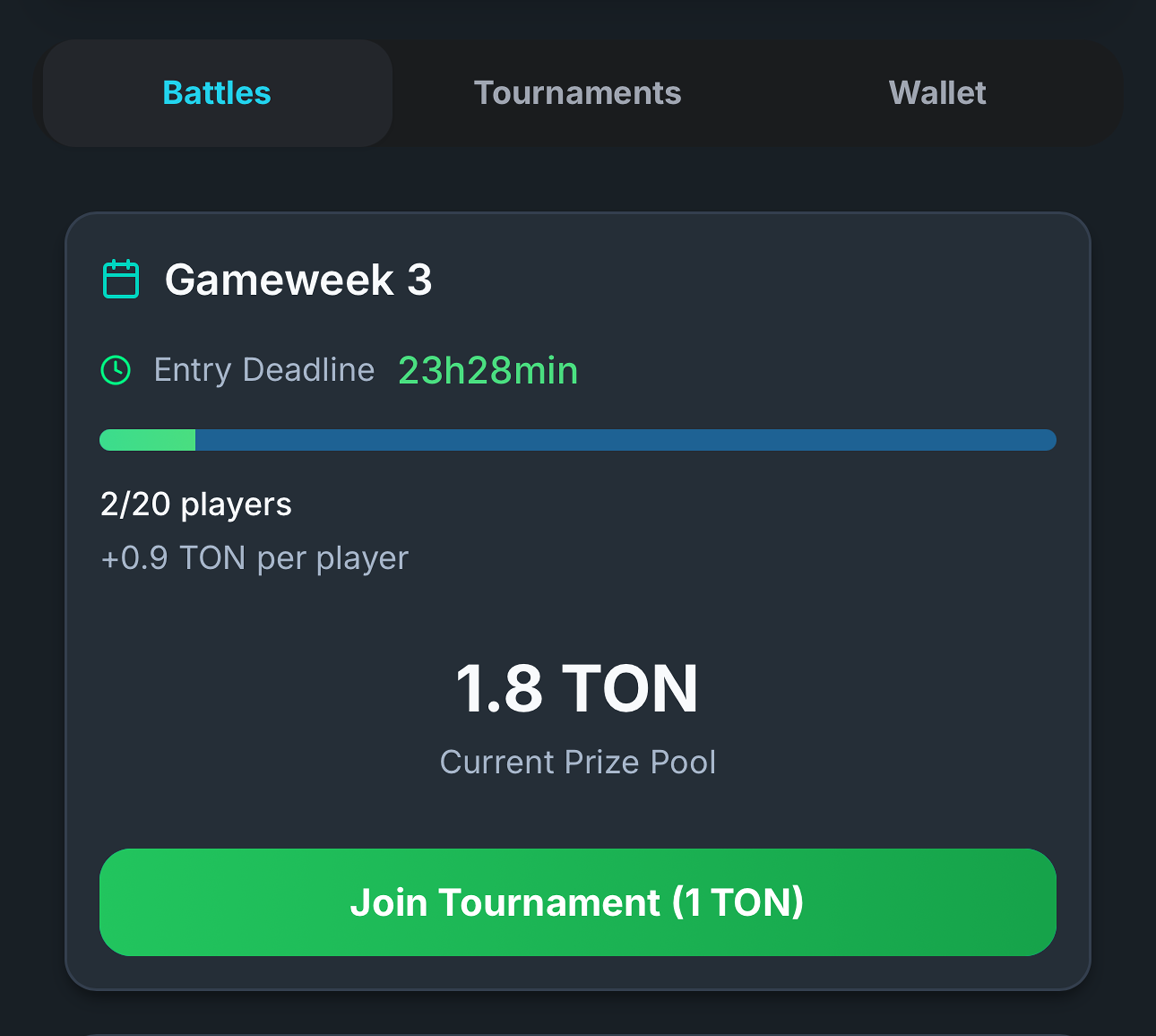 Join or create a tournament, invite friends, enter with TON